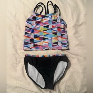 Geometric Multicolor Tankini Top with Black Bikini Bottom
